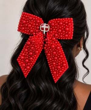 Coquette Glam Red Pearl Beaded Statement Hair Bow Cross